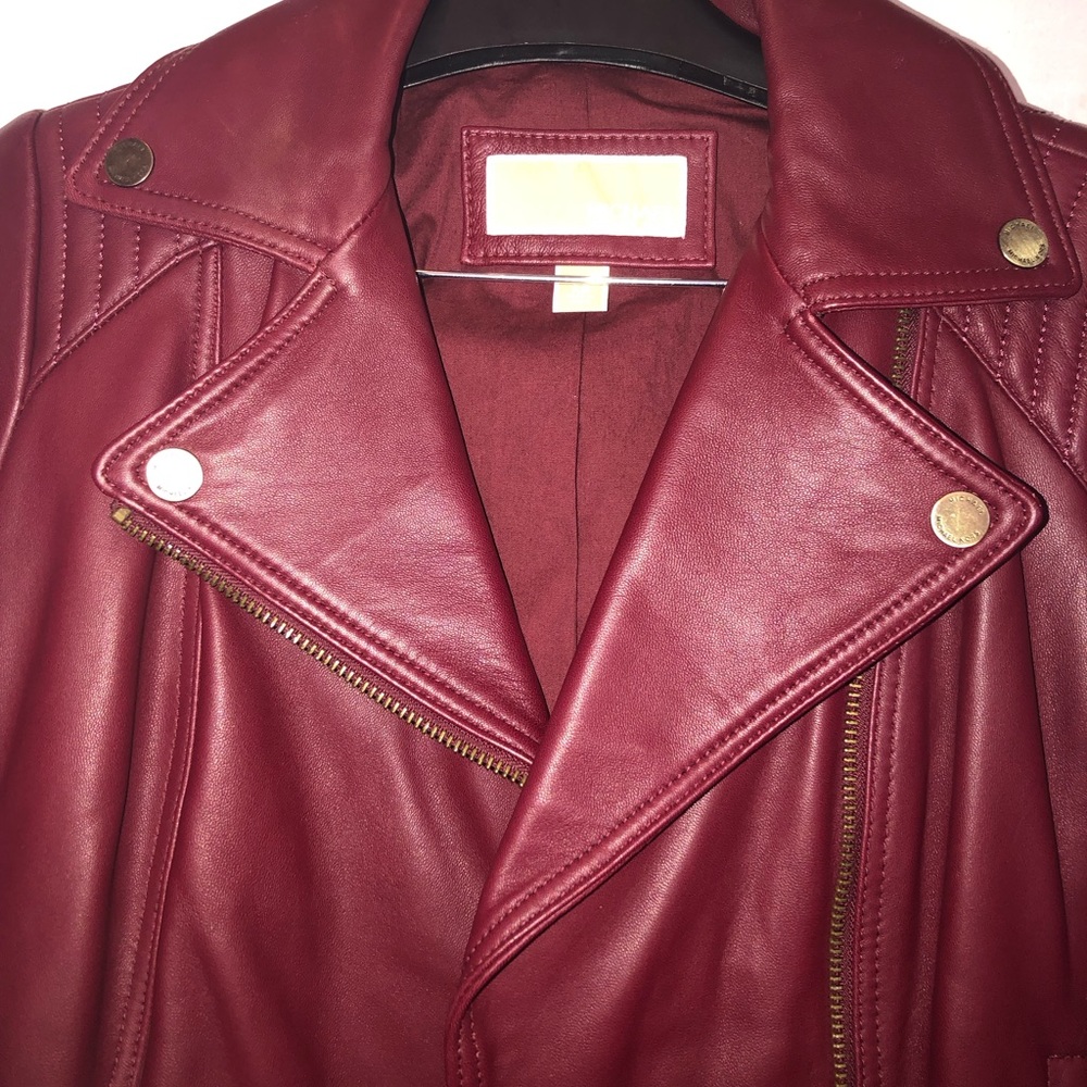 Michael Kors Burgundy Asymmetrical Leather Jacket - Picture 2 of 4